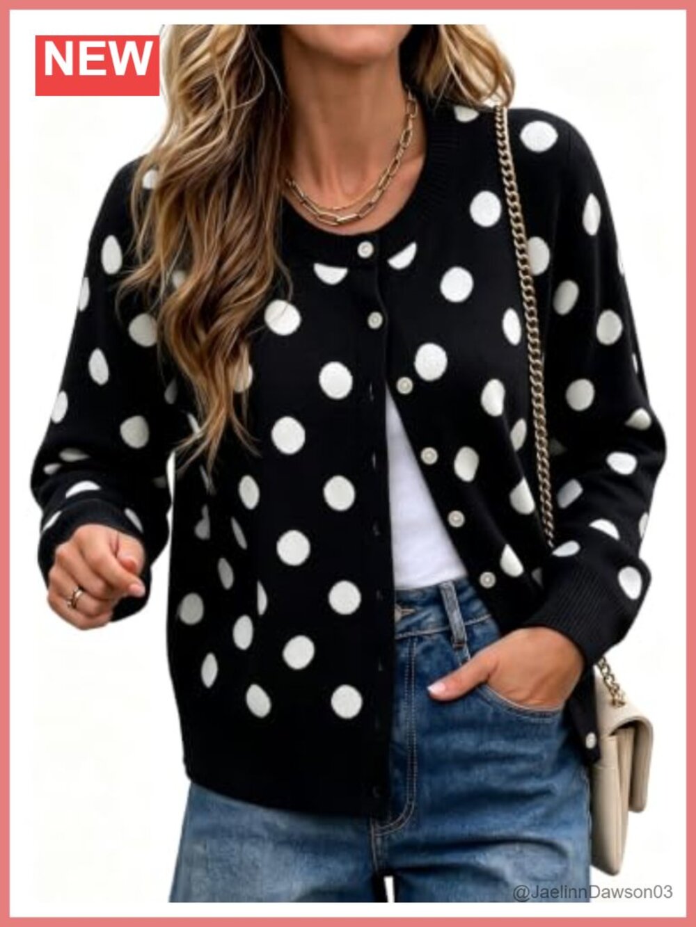 Polka Dot Button Up Cardigan Sweater Lightweight Knit Round Neck